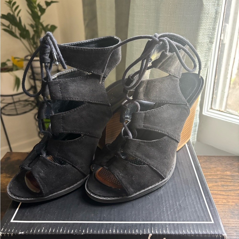 Qupid Black Lace-Up Wedge Heels